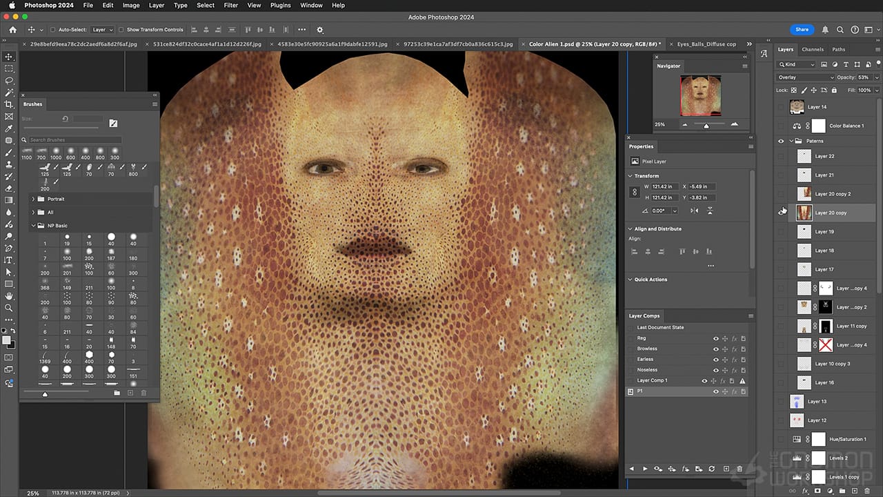 Neville Page Photoshop screenshot with interface showing texturing of an alien character design