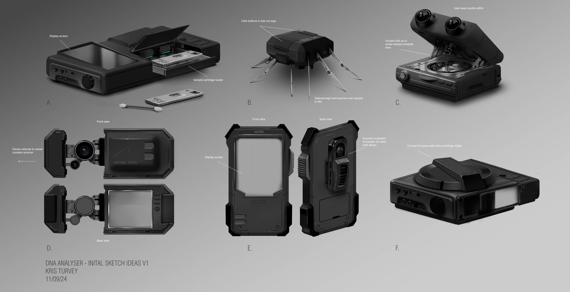 3D sketch ideas of a DNA scanner designed by Kris Turvey for The Gnomon Workshop