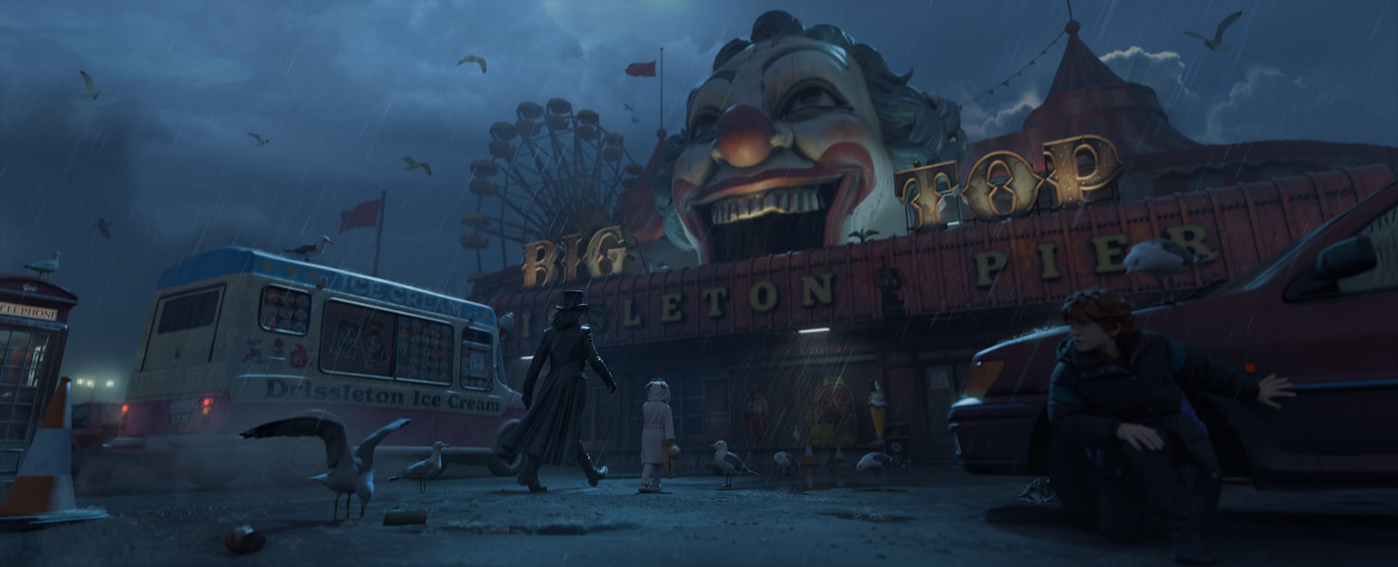 Concept art of a rainy night outside Big Top Pier, beneath a giant grinning clown head.