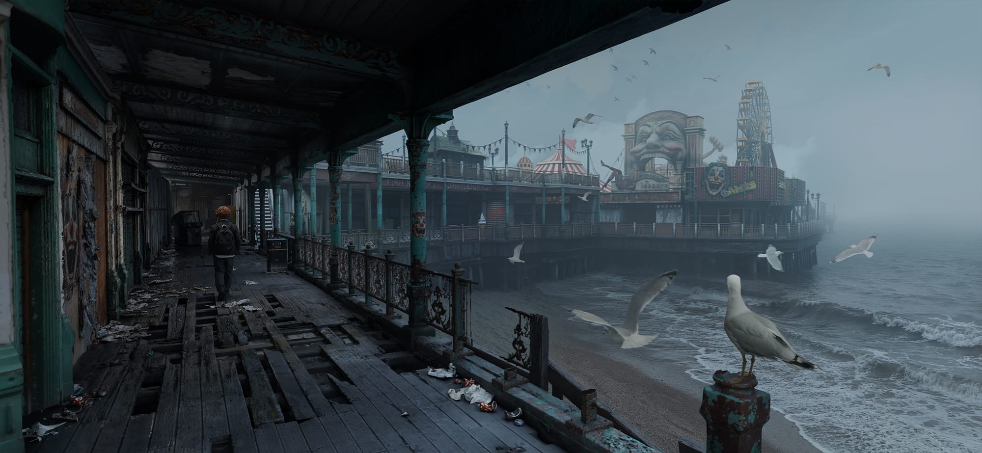 Concept art of a red-haired boy with a backpack walking along a decaying covered pier promenade with broken floorboards.