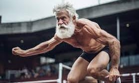  Elderly man with white beard sprinting on track hurdling