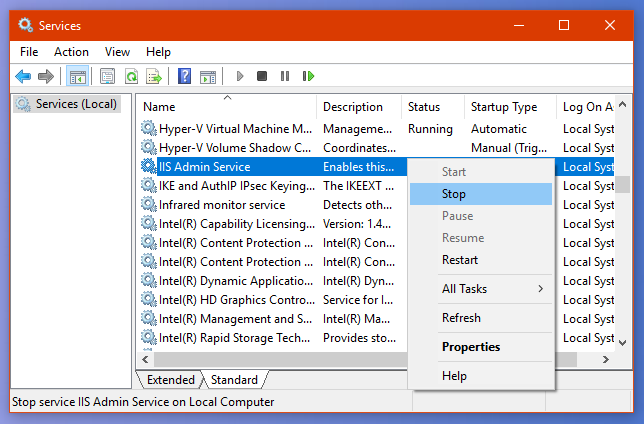 "Stop" from services.msc