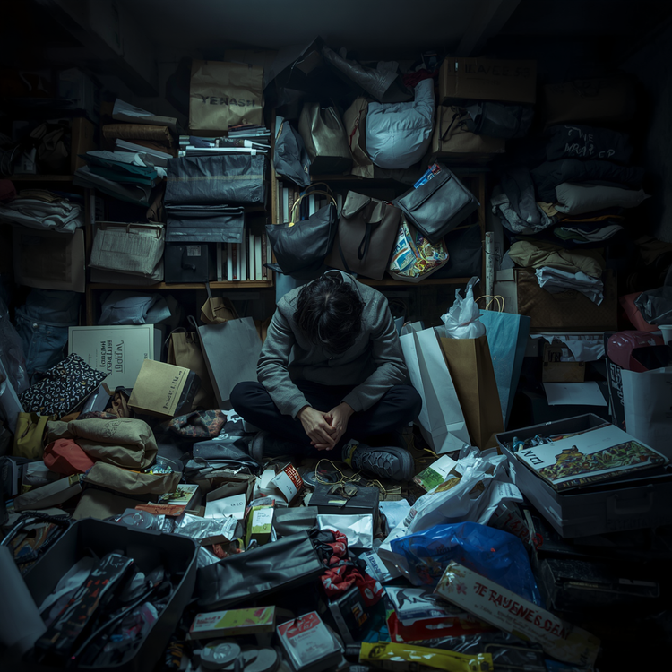 Photo showing consumerism and all its purchases amid a crowded, clutter room full of boxes with a man sitting in the middle.