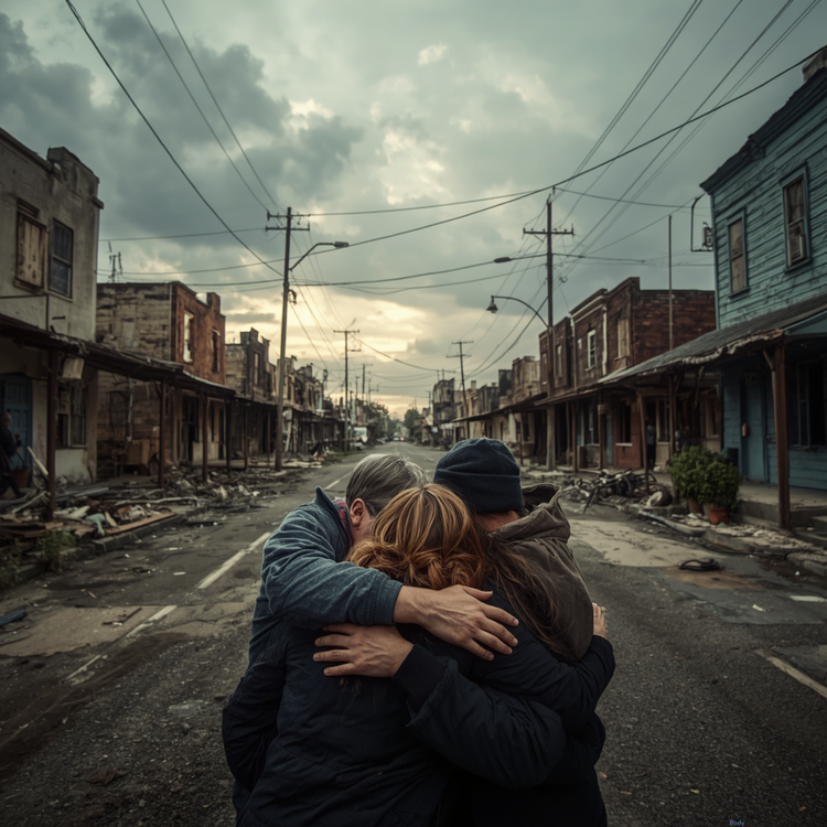 Urban decay and demolished buildings with three strangers embracing