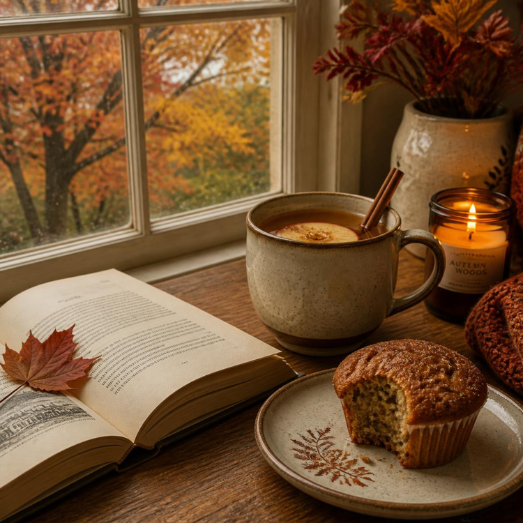 Fall scene with an open book, a cup of warm cider with cinnamon, and a muffin on a table overlooking a beautiful fall day outside the window. 