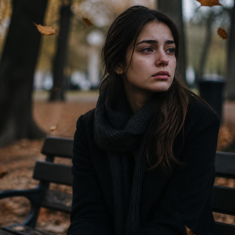 A young woman along, in a courtyard, surrounded by falling leaves, sitting with her grief. 
