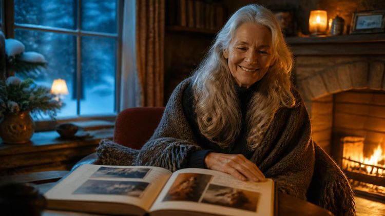 woman sitting by the fire wrapped in a cozy blanket on a cold winter day looking through a photo album