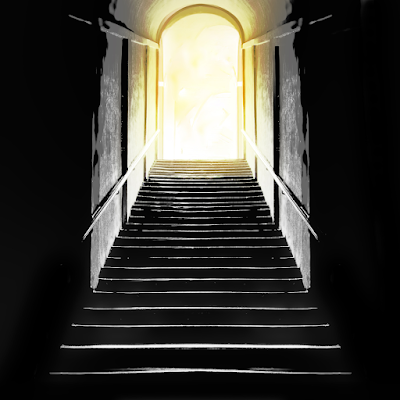 Stairway leading up to a door with golden light. 