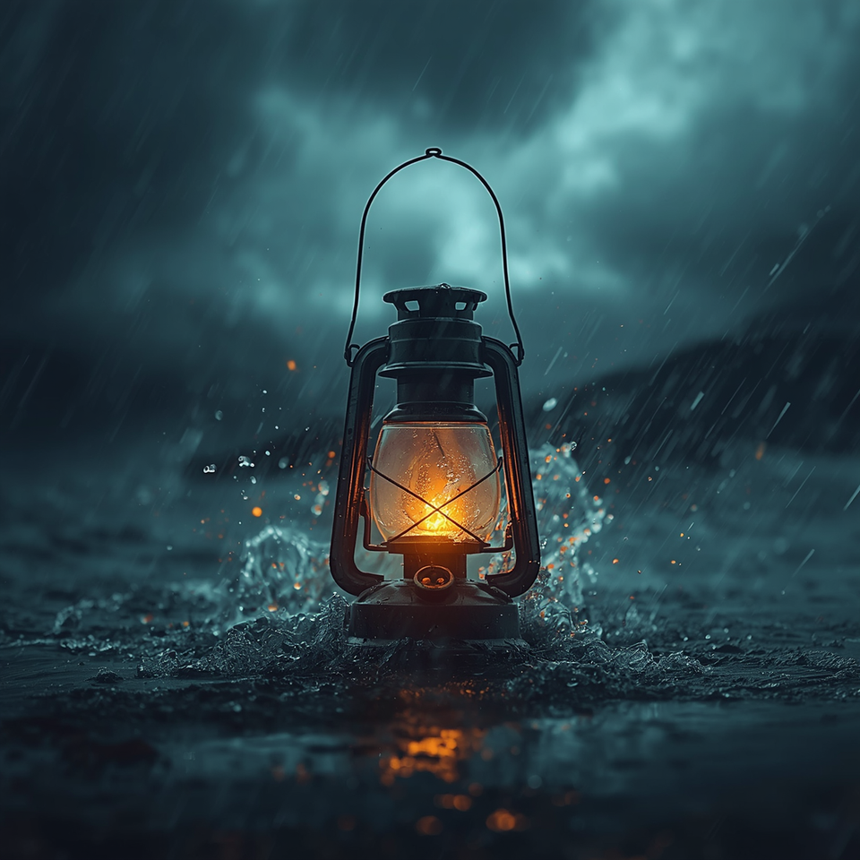 Lantern burning in a rainstorm casting light into the darkened water