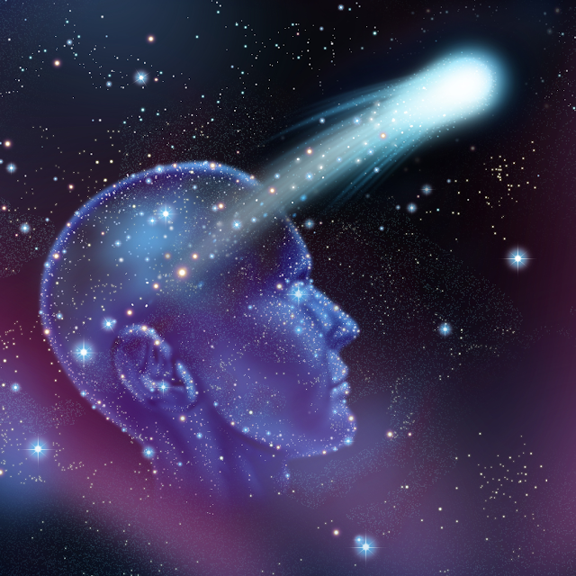Human face and head made of stars receiving light from a coment in the cosmos. 
