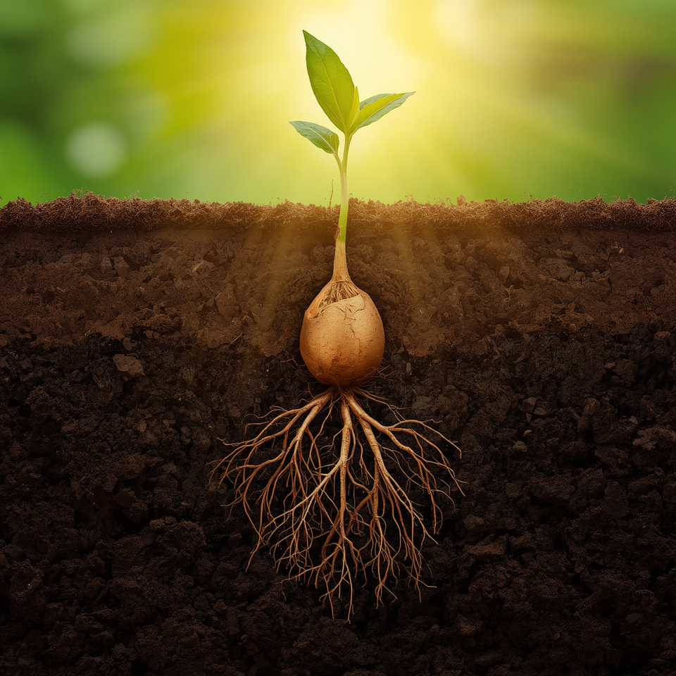Dead seed producing a healthy sprout above rich, fertile soil in the open sunlight. 