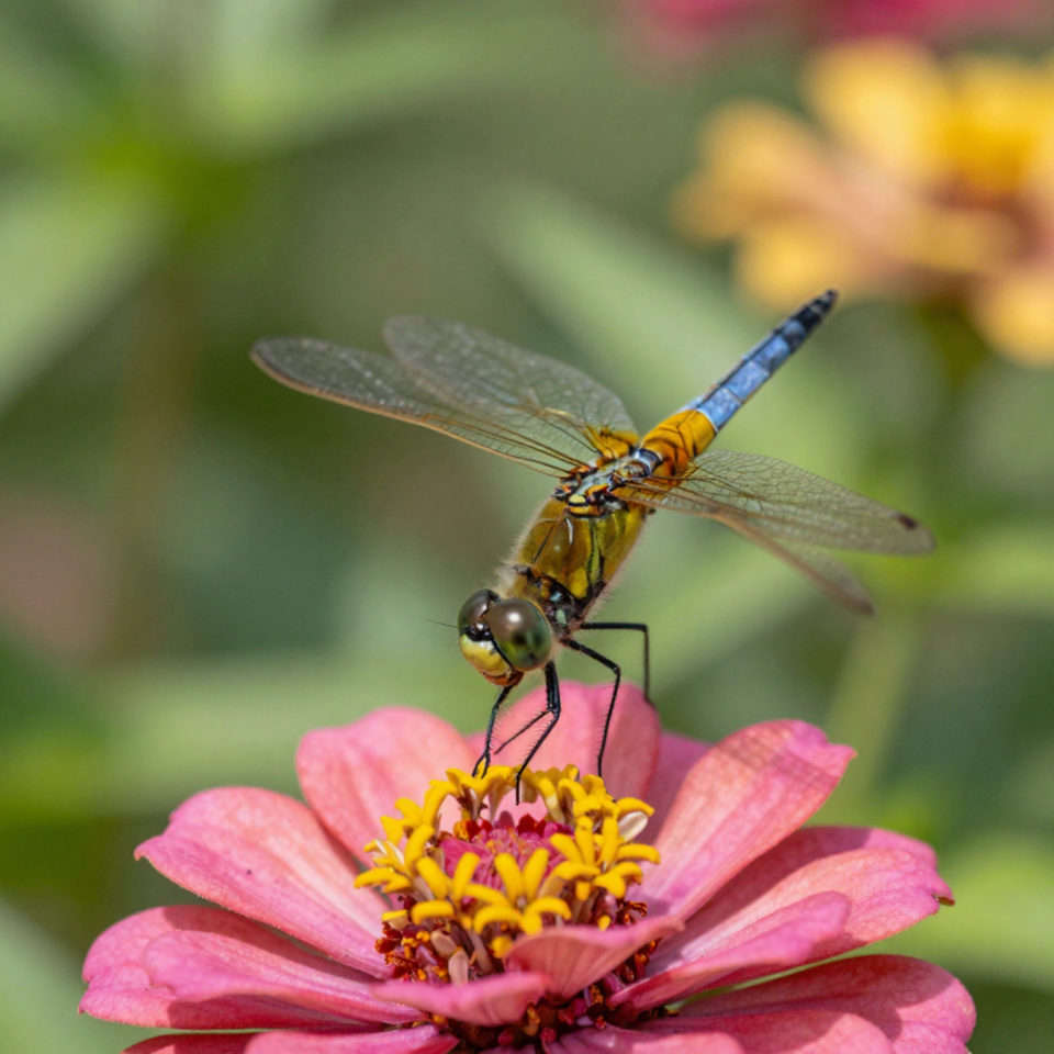 dragonfly resting on a blossom in the sunlight