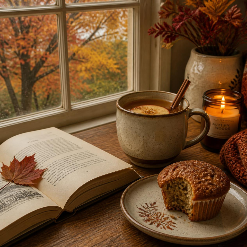 Fall scene with an open book, a cup of warm cider with cinnamon, and a muffin on a table overlooking a beautiful fall day outside the window. 