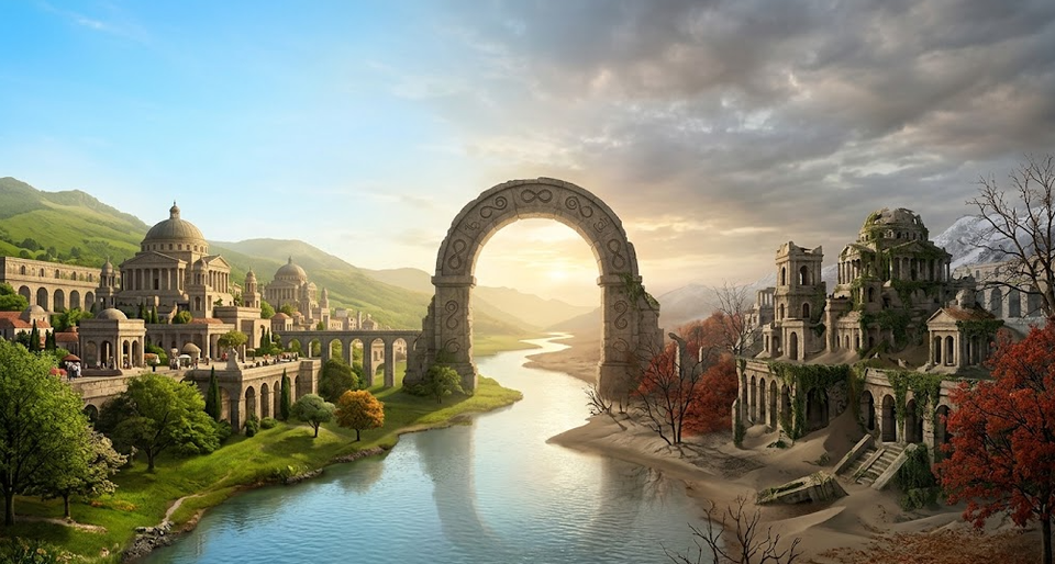 ruins rebuilt in the breaking dawn showing how cycles repeat themselves