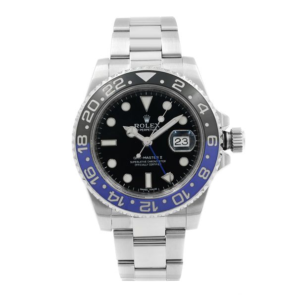 Front Full View Of Rolex 116710BLNR Stainless Steel Watch , The bezel ceramic insert has a few micro marks.