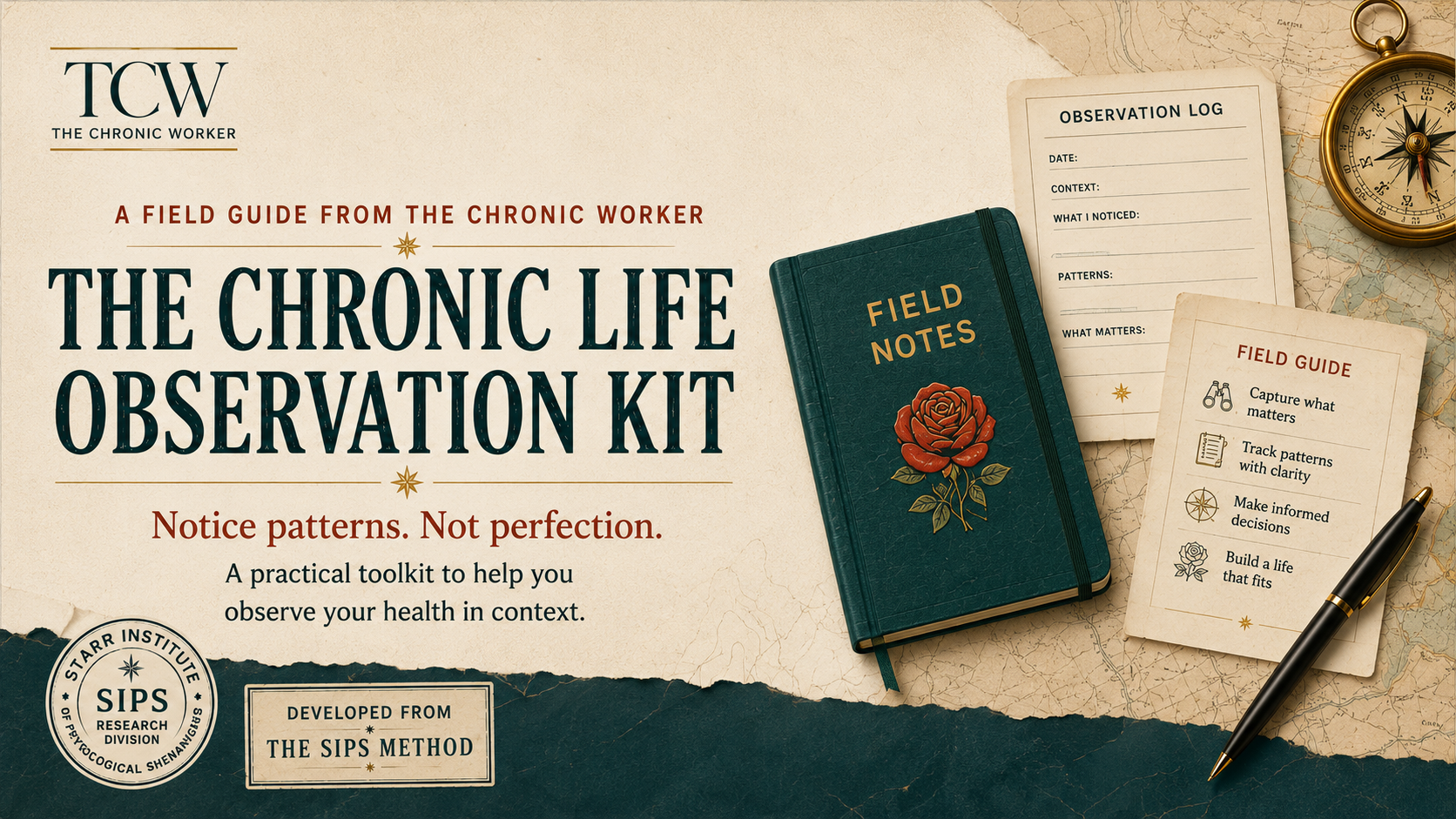 TCW and SIPS Field Kit 1 image with vintage teal journal, red rose, pen, and compass