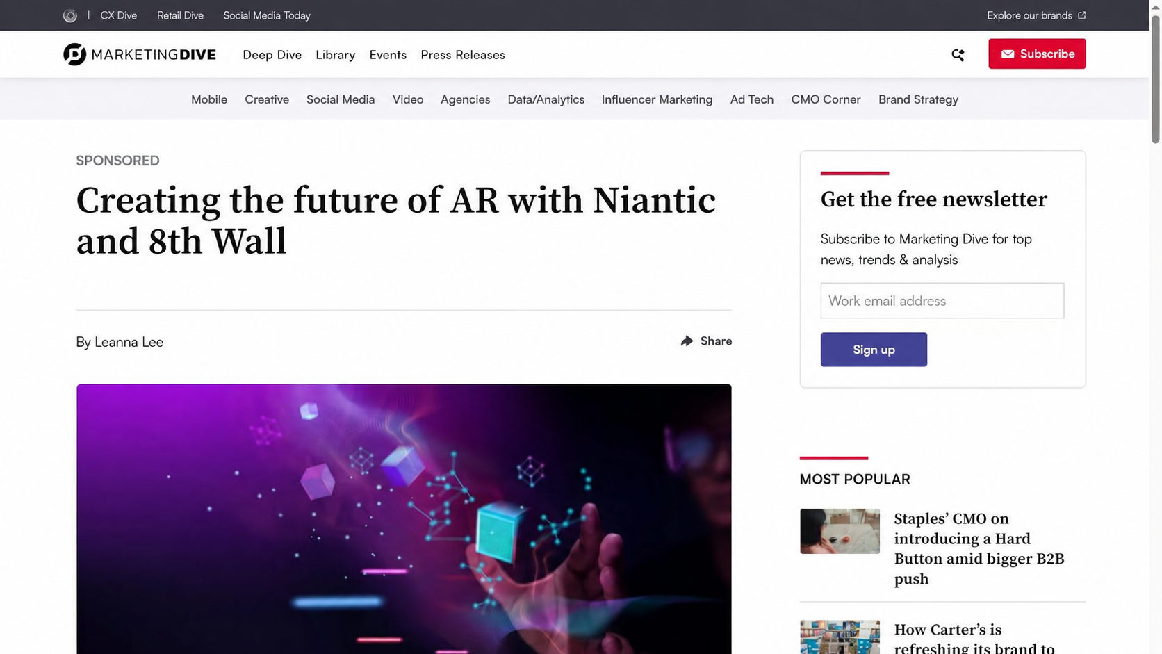 Preview of the Niantic and 8th Wall story in Marketing Dive