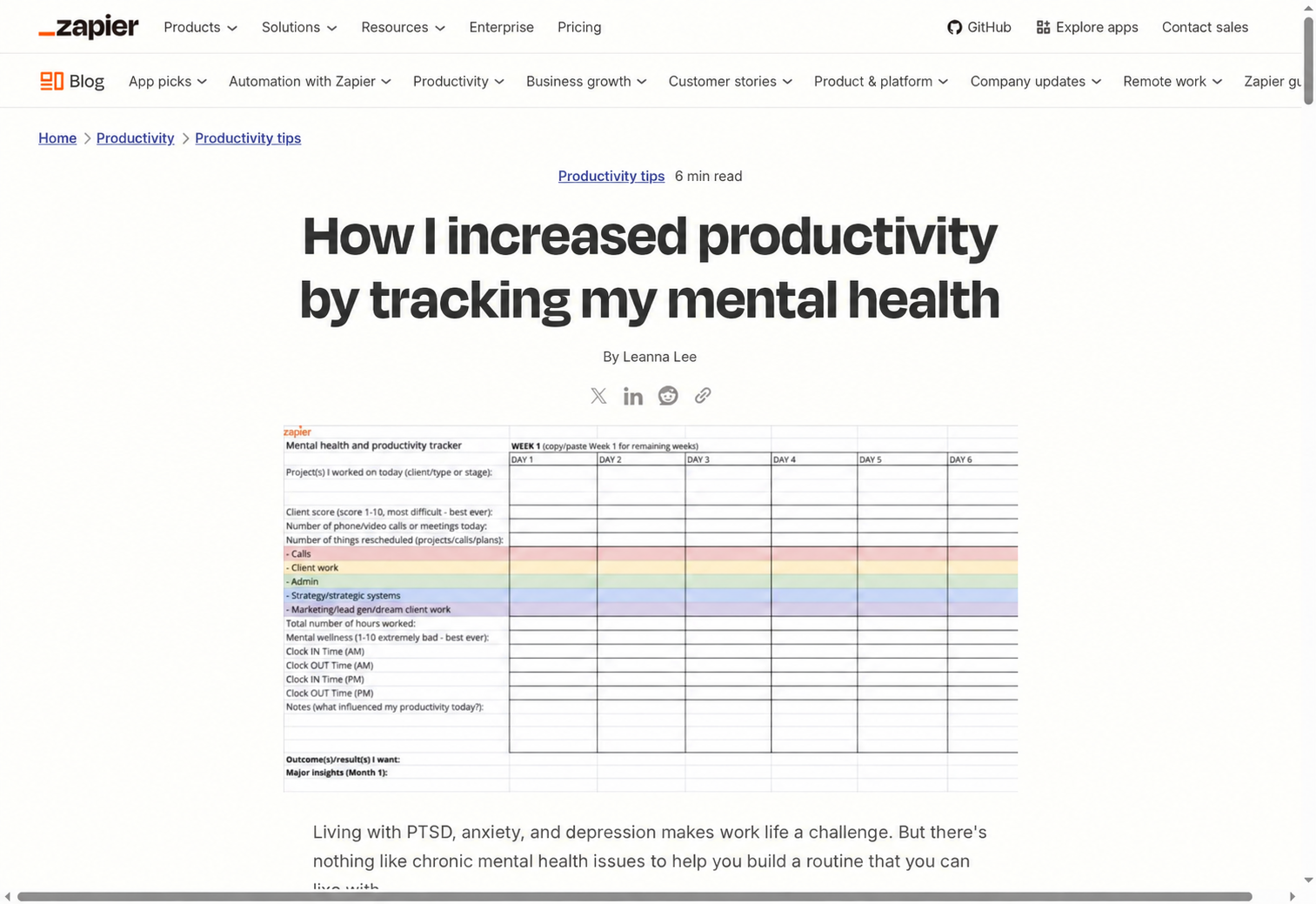 Preview of Leanna’s mental health and productivity article on Zapier