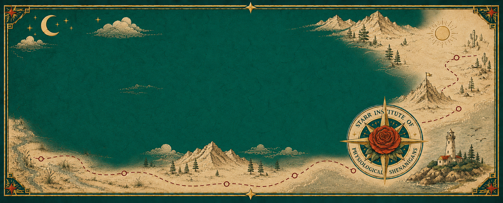 The Starr Institute of Physiological Shenanigans (SIPS) fantasy teal and cream map banner with rose and compass logo