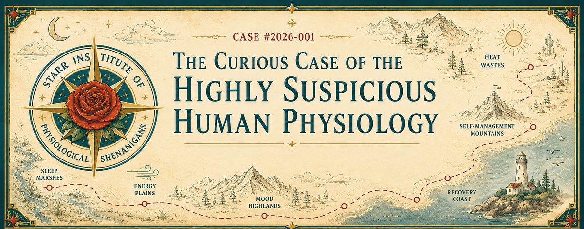 A Chronic Worker and SIPS crossover banner with a travel theme, rose compass, and the title: The Curious Case od the Highly Suspicious Human Physiology