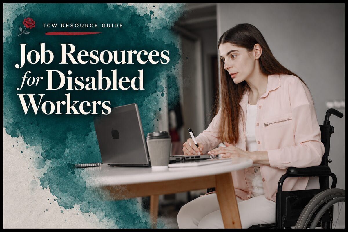 The Chronic Worker resource guide, Job Resources for Disabled Workers, featuring a woman using a wheelchair working at a laptop.
