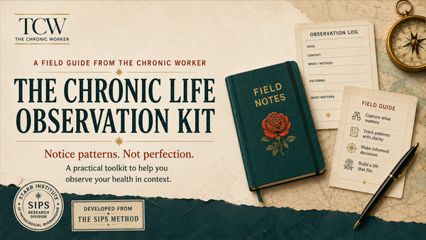 The Chronic Life Observation Tooklit banner with teal field notes journal and embossed red rose