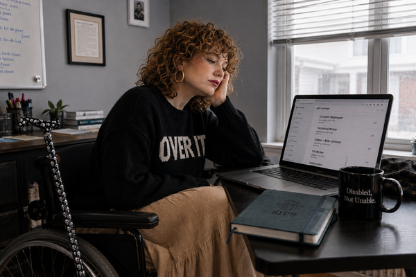 Illustration of a disabled job seeker in a wheelchair browsing job listings on a laptop, with a cane, notebook, and “Disabled, Not Unable” mug nearby.