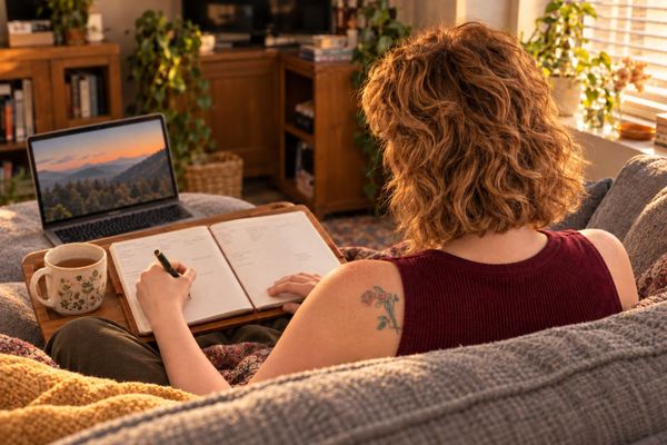 Over-the-shoulder view of Leanna writing in a planner with her left hand, seated on a couch beside a laptop and cup of tea.