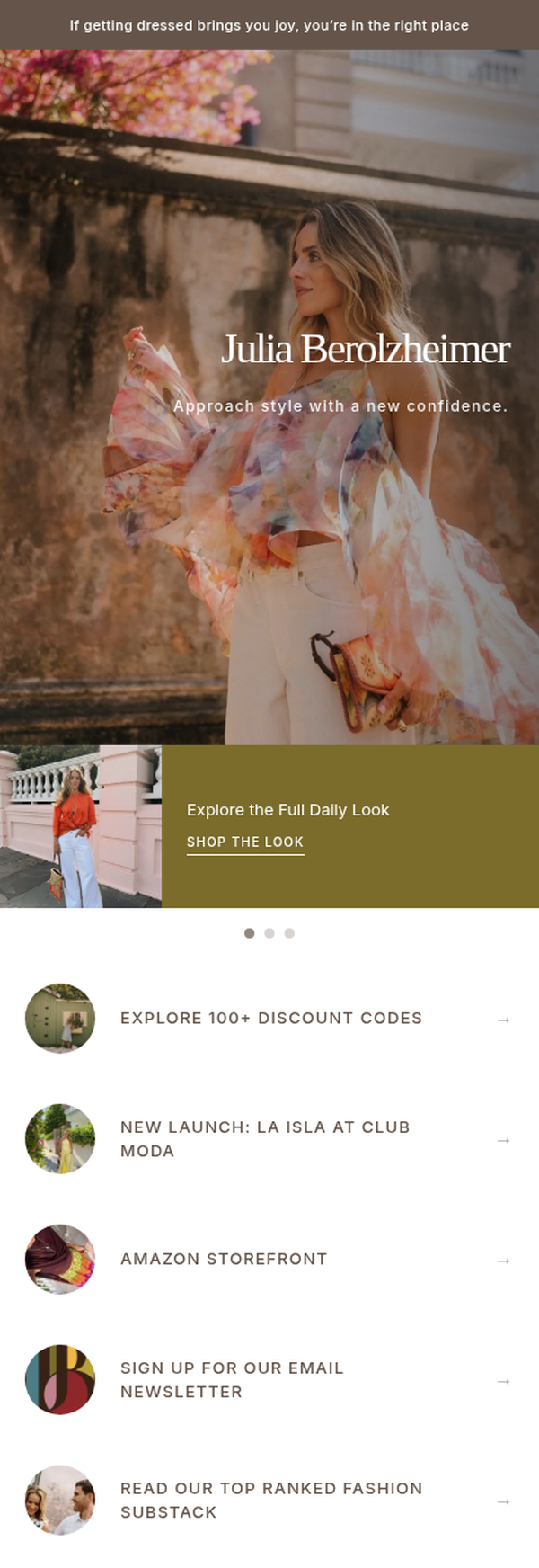 A Coreli creator page showing the editorial homepage layout with hero image, featured content, curated links, and ShopMy integration