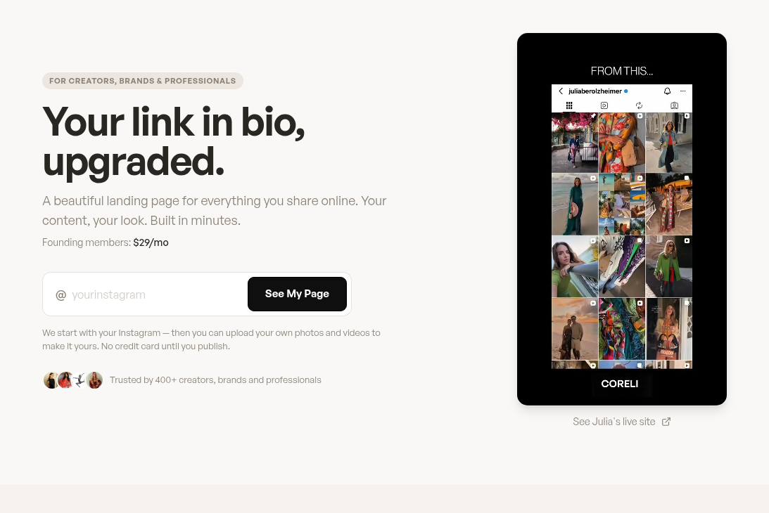 Coreli homepage showing the generate flow where you enter your Instagram handle and get a landing page built in minutes