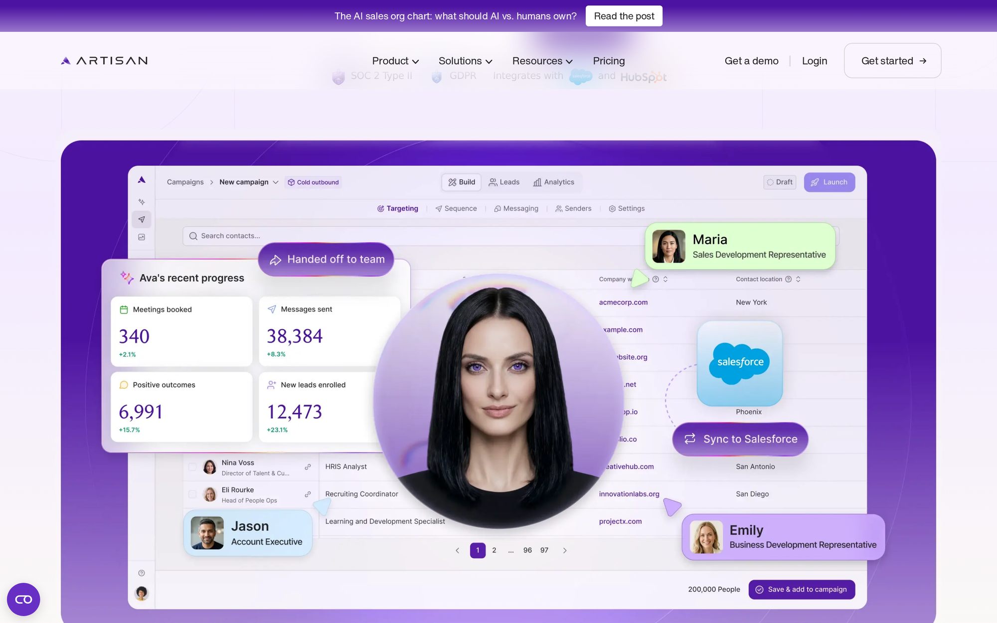 Artisan platform interface displaying B2B sales development representative Ava managing prospect campaigns.