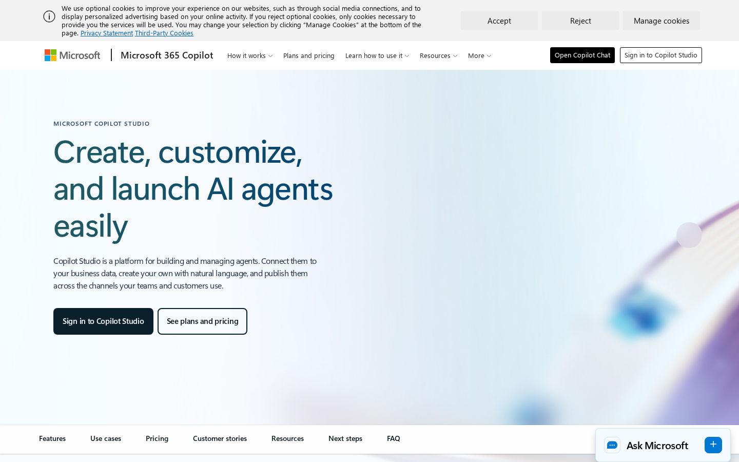 Microsoft Copilot Studio interface displaying copilot authoring canvas and plugin setup.