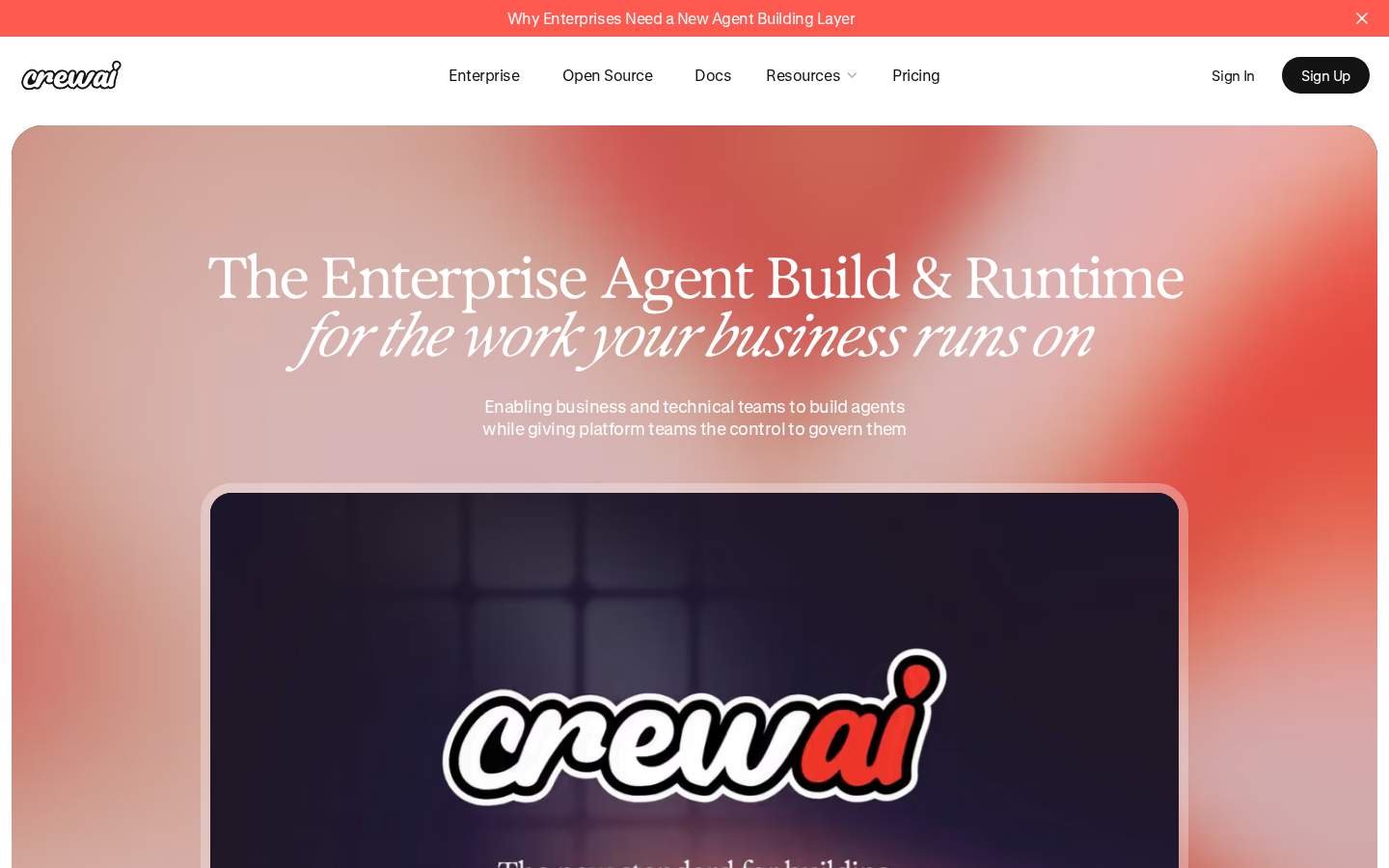 CrewAI platform website displaying multi-agent crew coordination architecture.