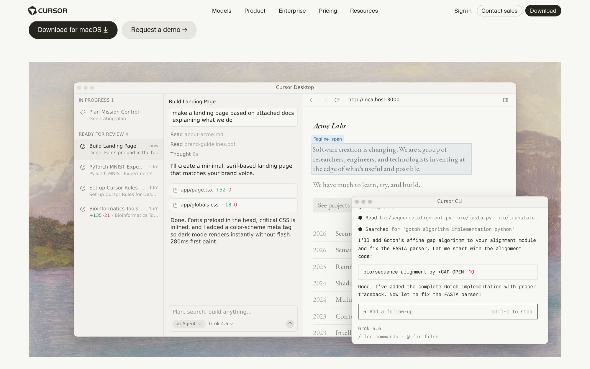 Cursor AI code editor interface displaying multi-file codebase indexing, inline AI code generation, and chat sidebar.
