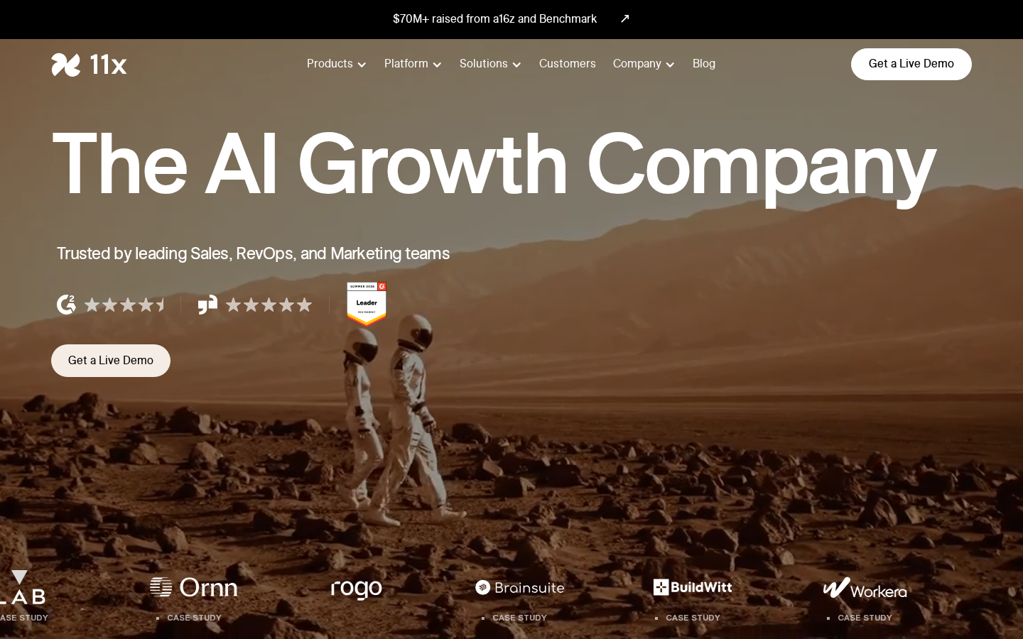11x AI platform website interface detailing AI digital workers Alice and James.