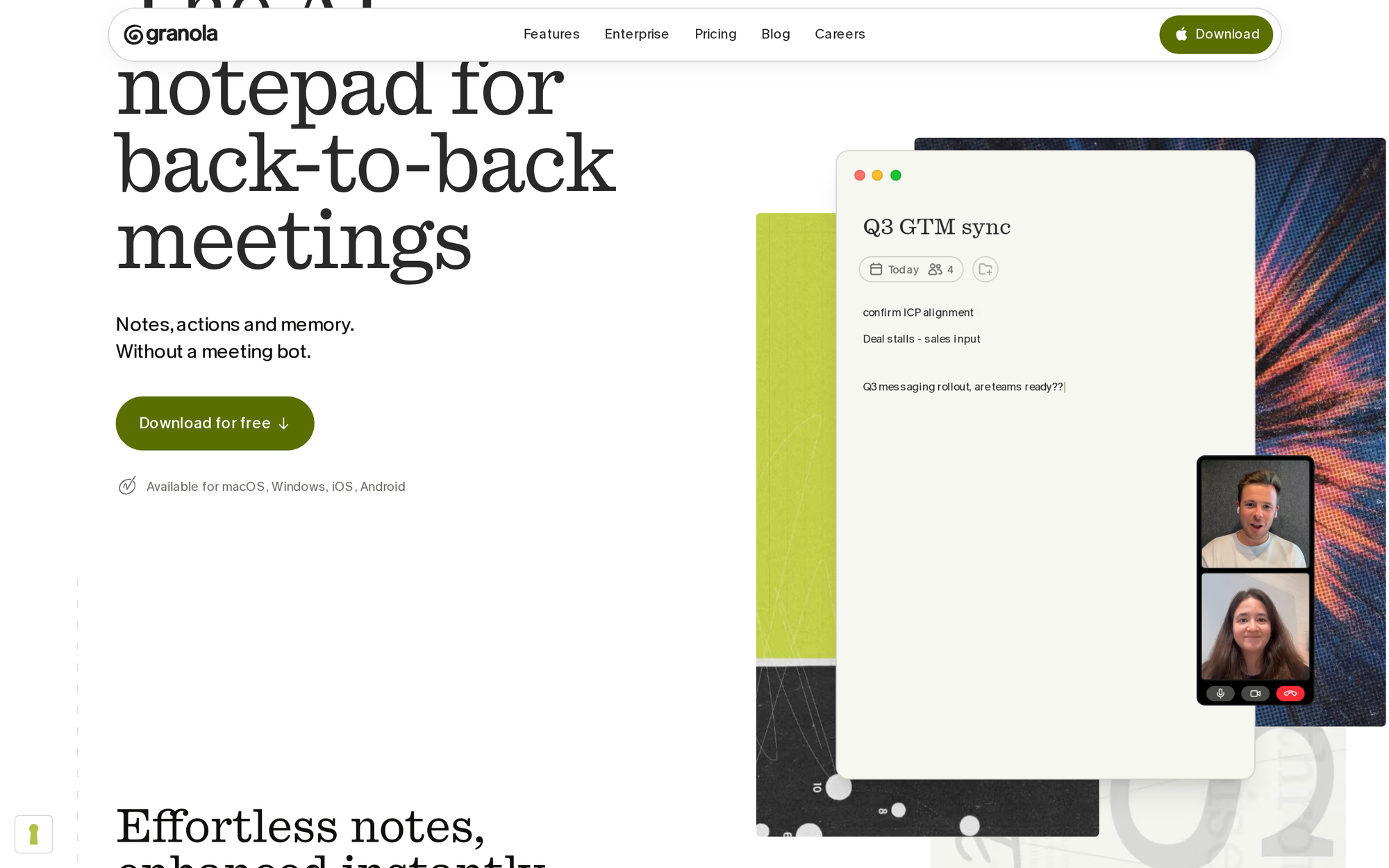 Granola AI meeting notepad interface showing user shorthand notes alongside structured AI-generated call summaries.