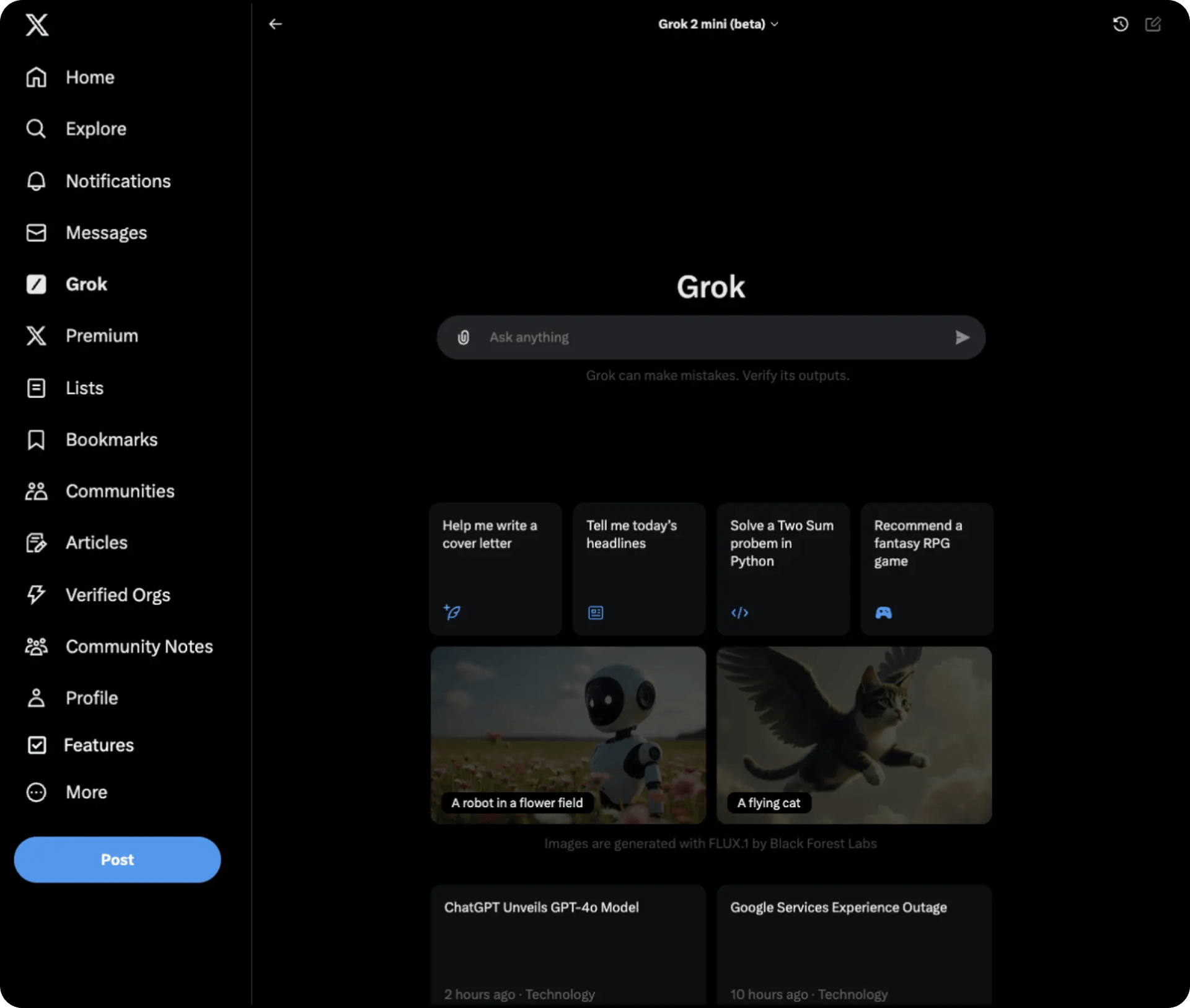 Official xAI Grok product screenshot showing interface and xAI execution environment