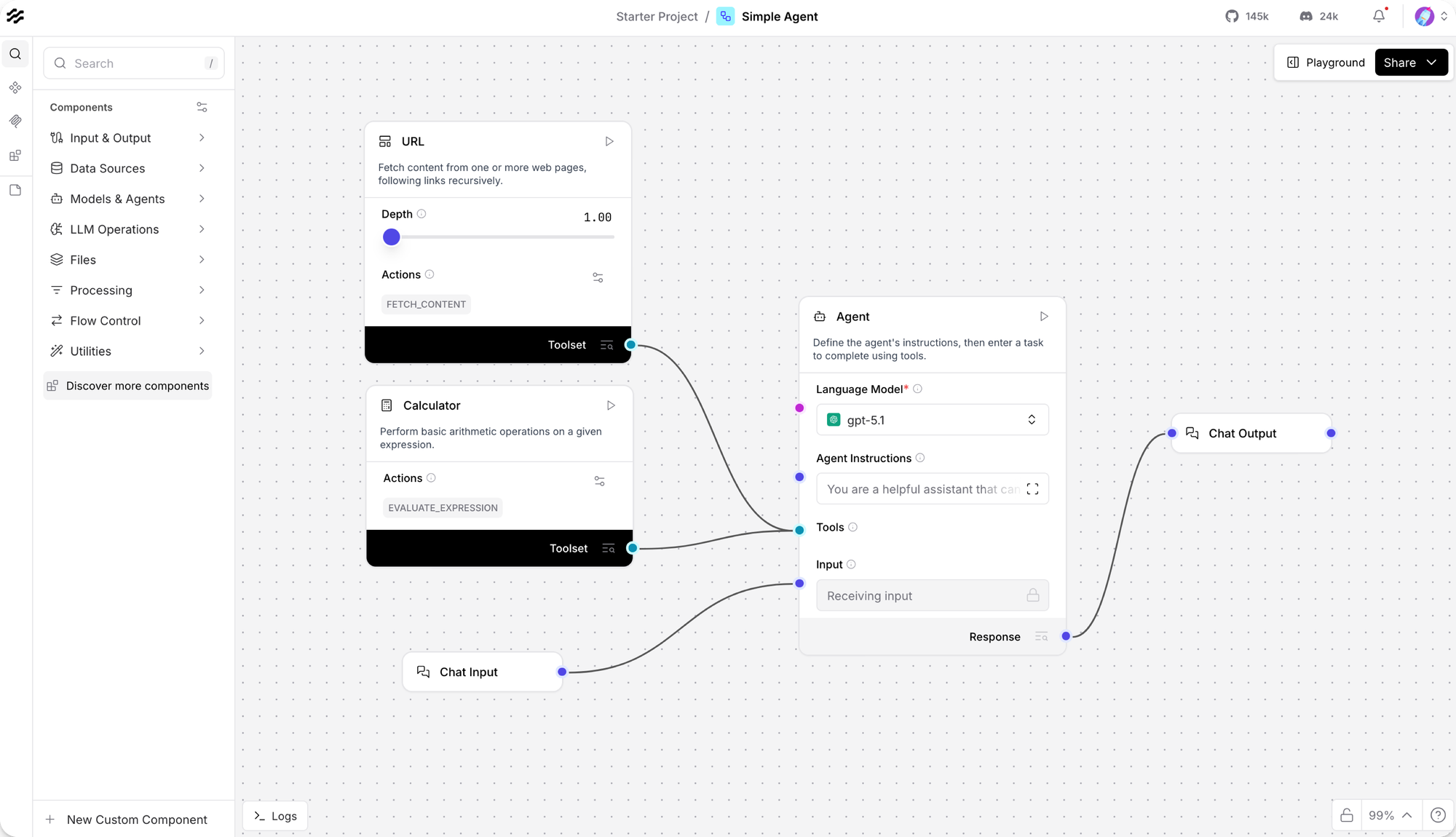 LangFlow visual LLM flow and RAG pipeline graph builder interface