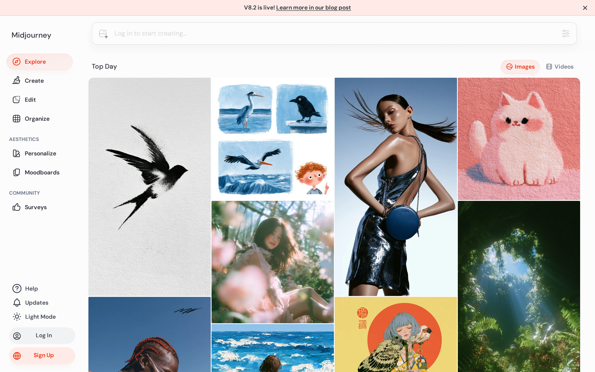 Midjourney web creation showcase gallery displaying visual generation prompts, parameter sliders, and image grids.