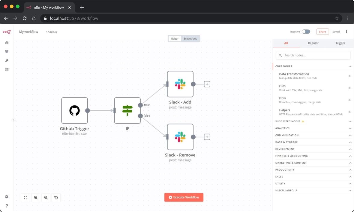 n8n workflow editor interface with custom JavaScript and Python nodes