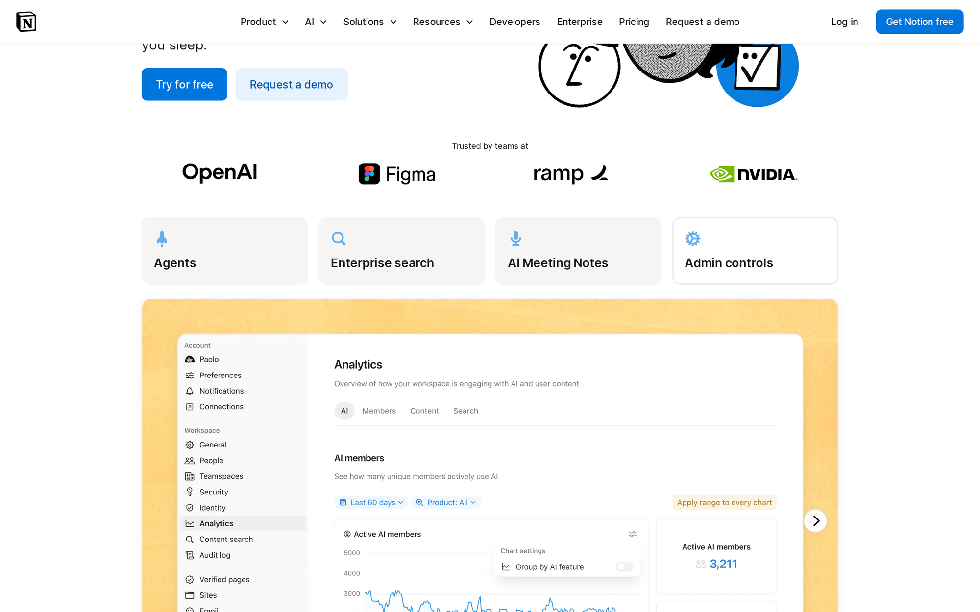 Notion AI interface showing connected document Q&A assistant popover over team knowledge base.