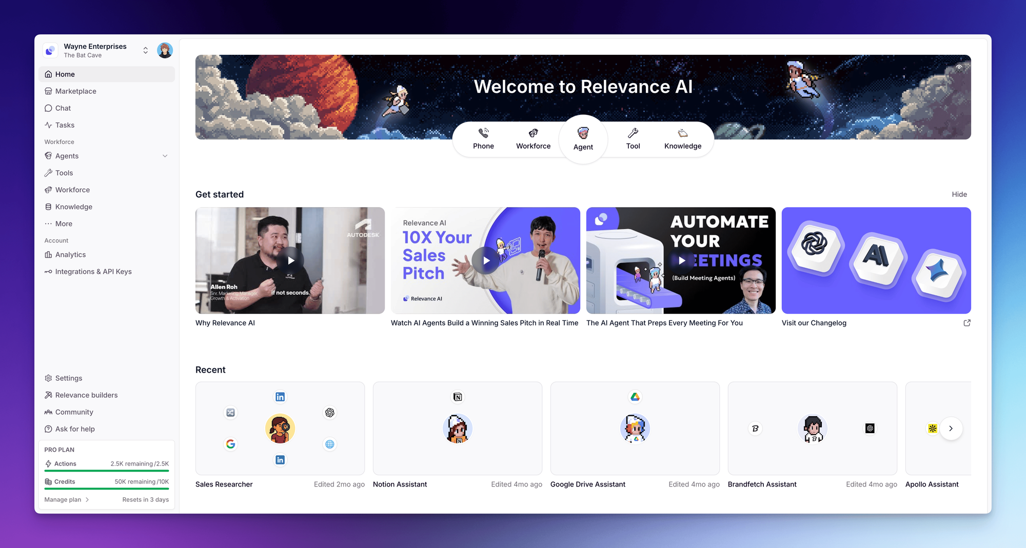 Relevance AI B2B agent workforce builder and tool assignment dashboard