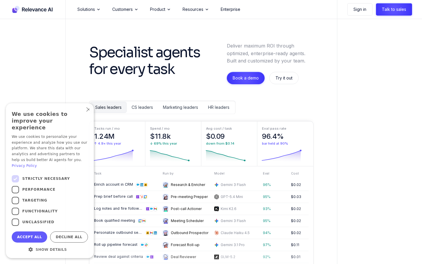 Relevance AI platform interface displaying agent builder canvas and tool integrations.