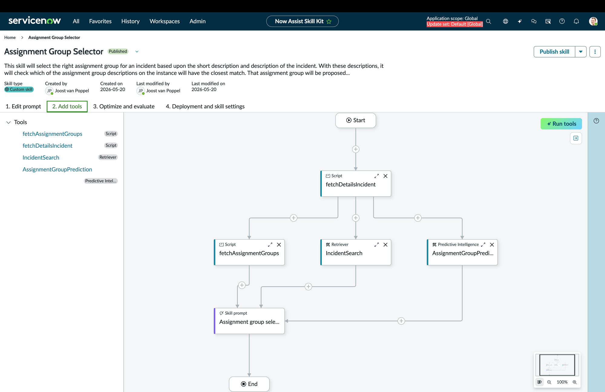 ServiceNow Now Assist administration workspace displaying generative AI assistant configuration and workflow management controls.