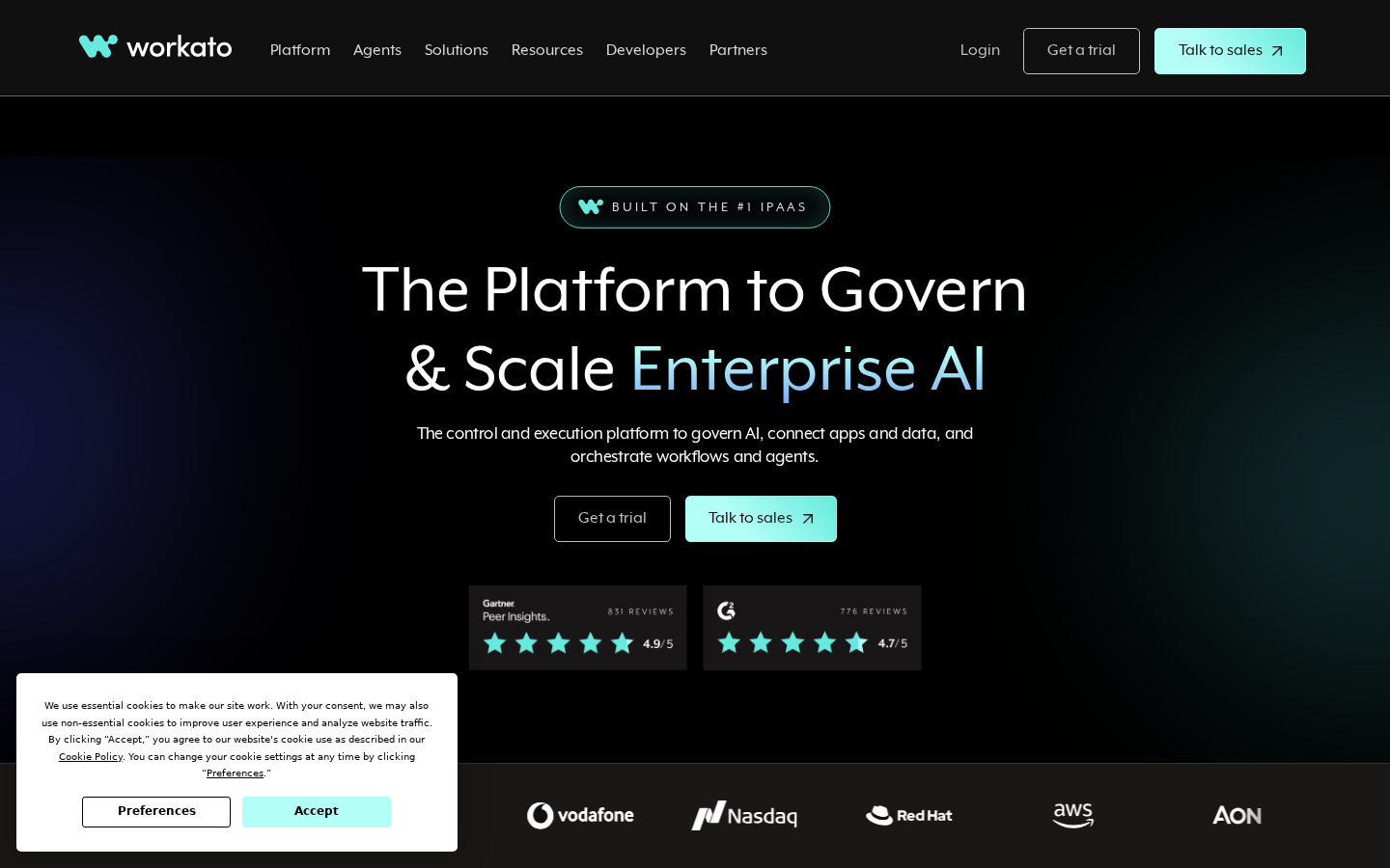 Workato recipe editor displaying enterprise governance and security settings