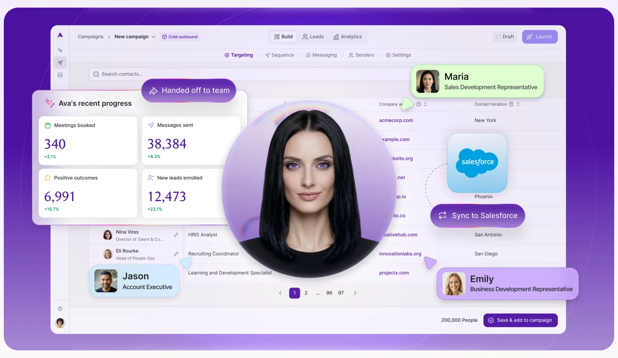 Illustrated Artisan homepage asset showing Ava's outbound campaign workspace with sample progress figures.