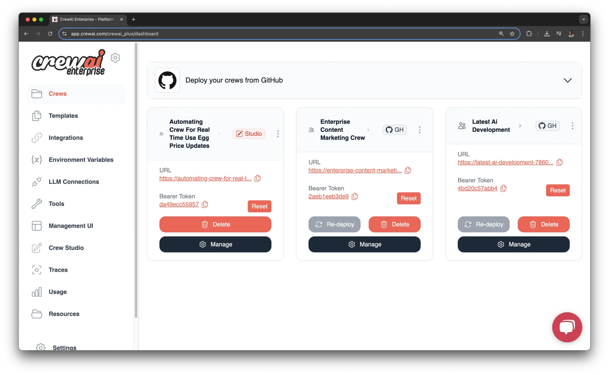 CrewAI AMP dashboard for monitoring deployed multi-agent workflows.