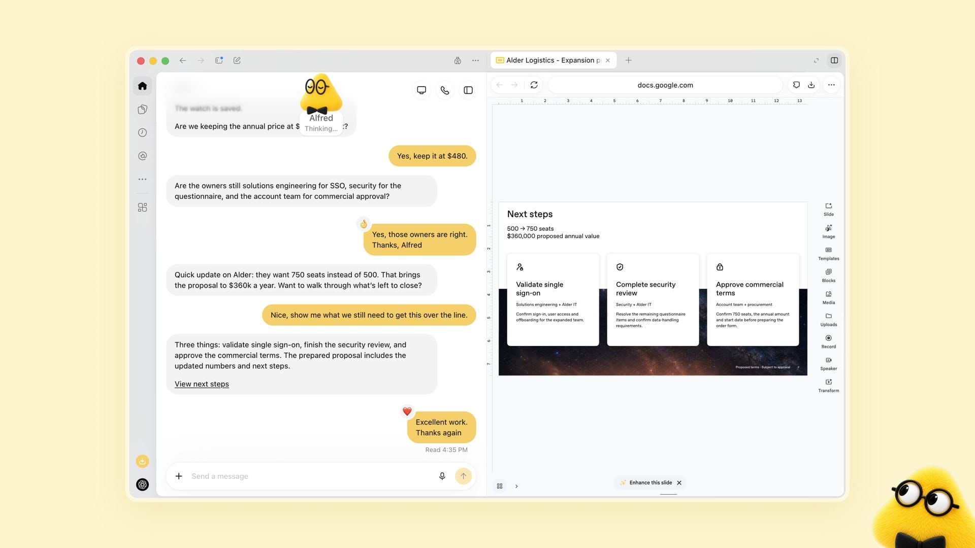 OpenAI illustration of a yellow dot named Alfred discussing an enterprise proposal beside a document that lists steps to close the deal