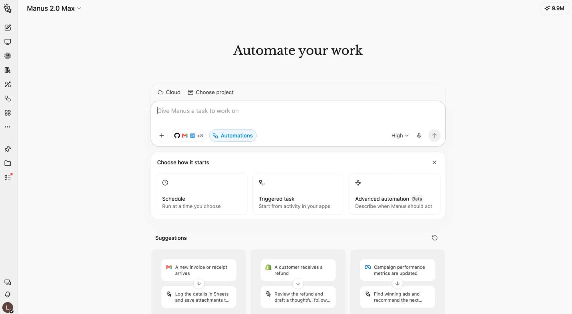 Manus Automations interface for configuring recurring or triggered work.