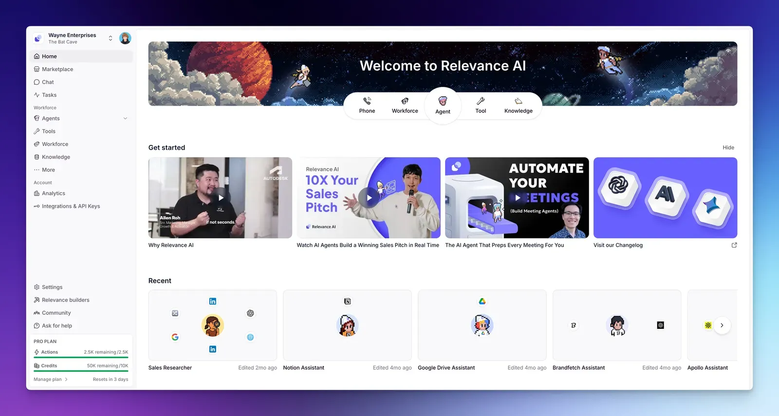Relevance AI platform dashboard for building and managing agents.